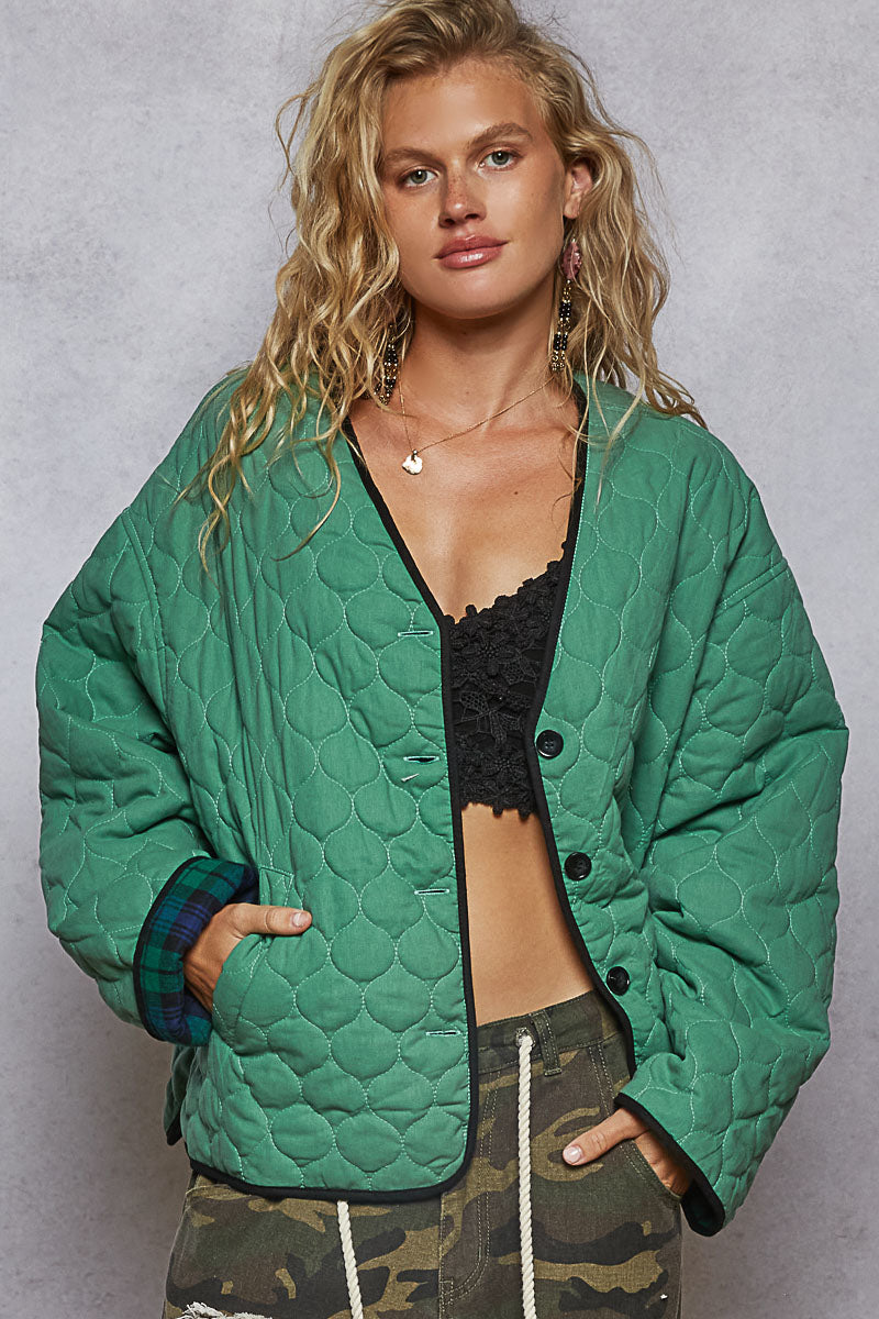POL Reversible Quilted Cotton V-Neck Jacket