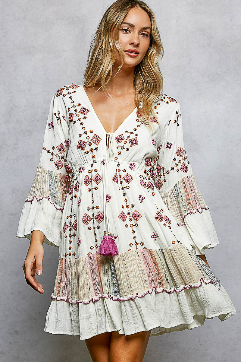 POL DEEP V-NECKLINE RELAXED-FIT LONG SLEEVE DRESS
