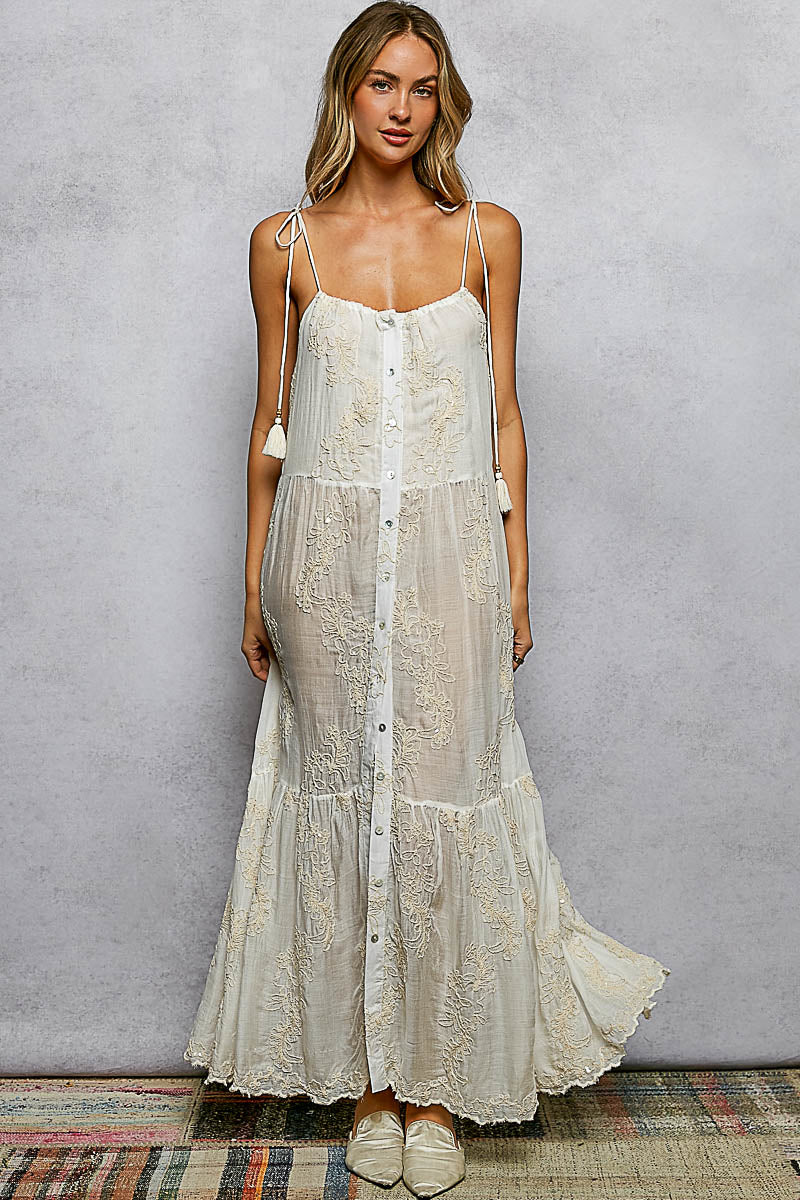 POL  COUCHING CORD EMBROIDERY SLEEVELESS COTTON MAXI DRESS