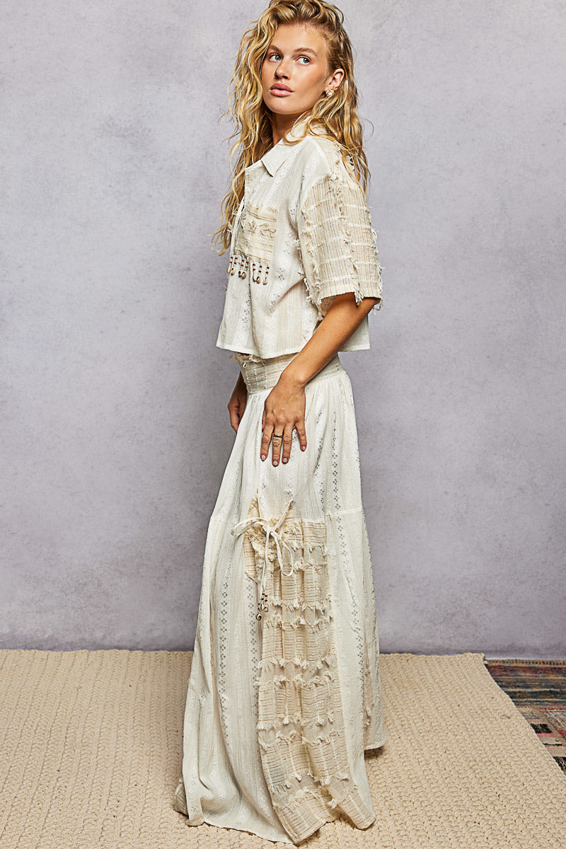 Delilah Sandy Pearl Trim Wide-Leg Pants