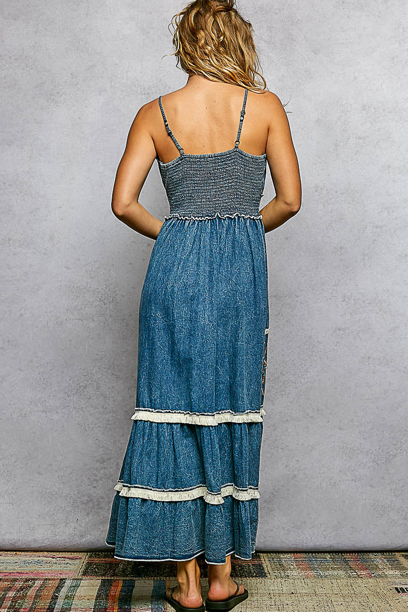 Ocean Beach Boho Chic Sleeveless Denim Maxi Dress (PRE ORDER ITEM 5/1/26)