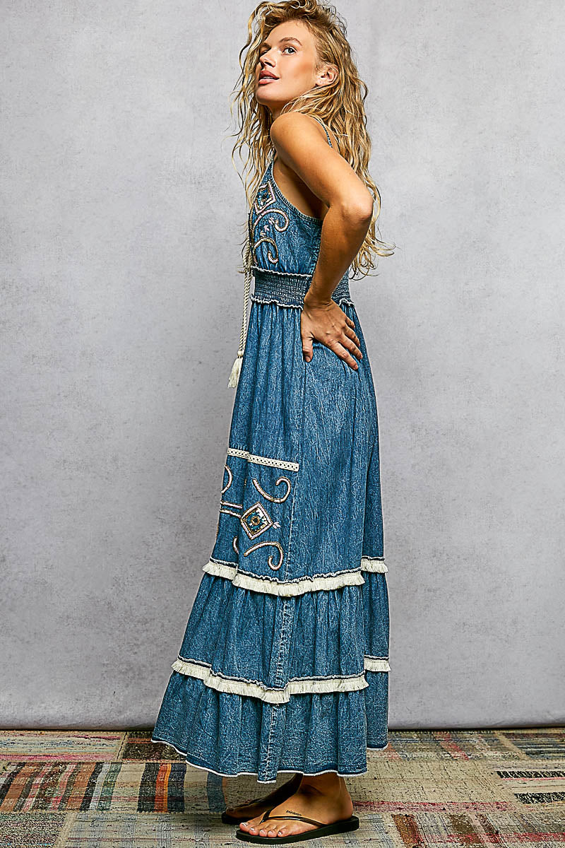 Ocean Beach Boho Chic Sleeveless Denim Maxi Dress (PRE ORDER ITEM 5/1/26)