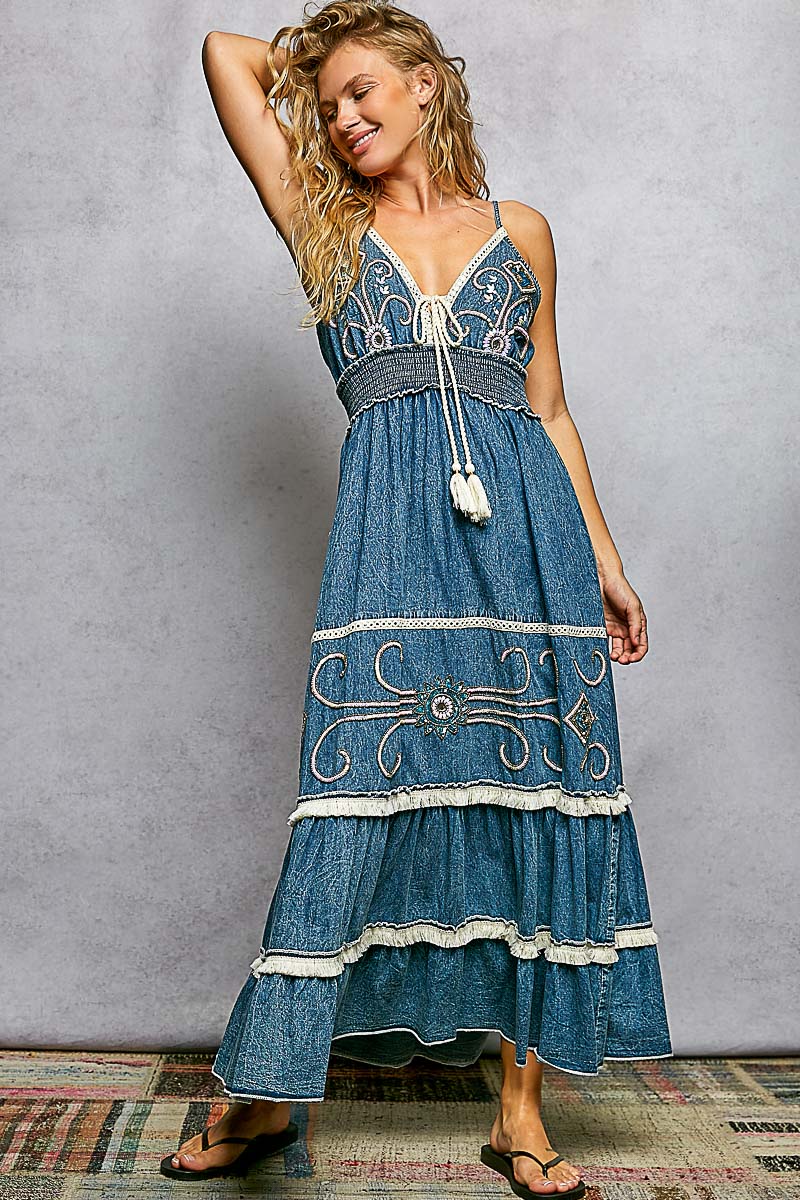 Ocean Beach Boho Chic Sleeveless Denim Maxi Dress (PRE ORDER ITEM 5/1/26)