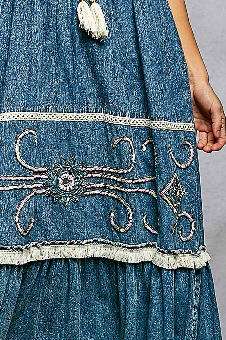 Ocean Beach Boho Chic Sleeveless Denim Maxi Dress (PRE ORDER ITEM 5/1/26)