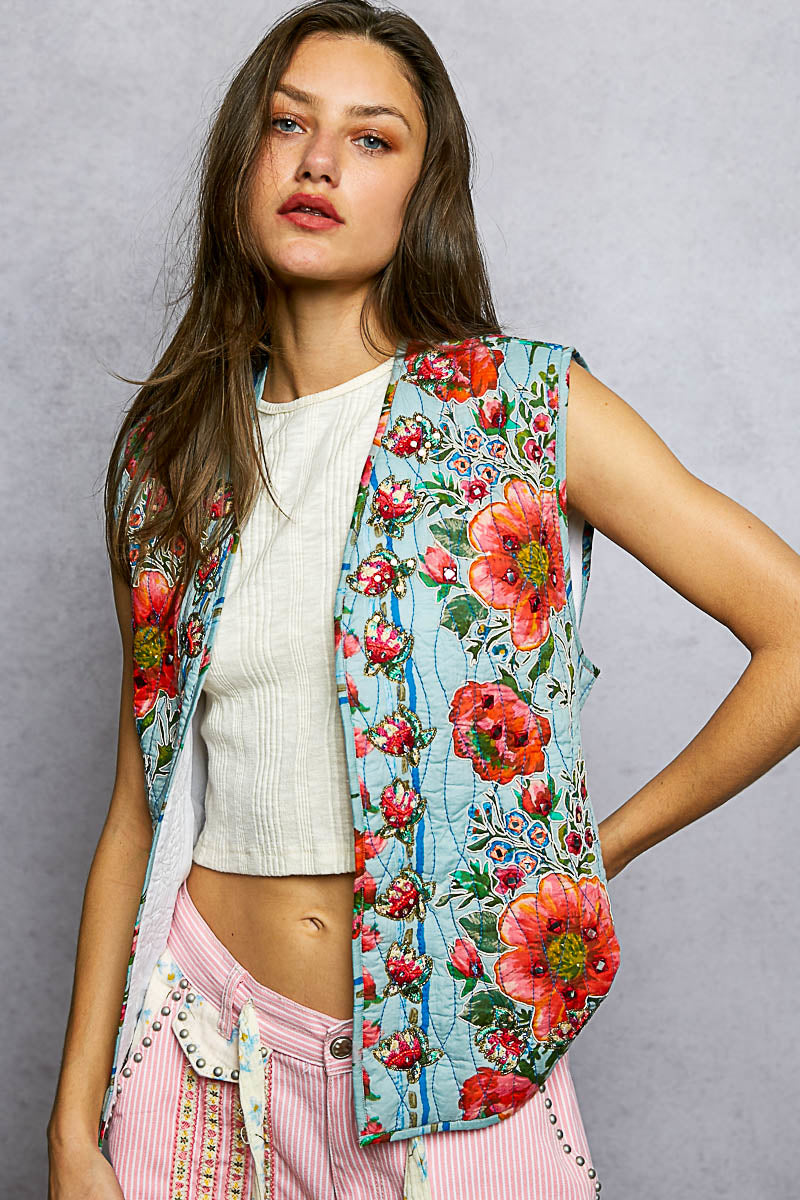POL Denim Multi-Color Quilted Floral Vest