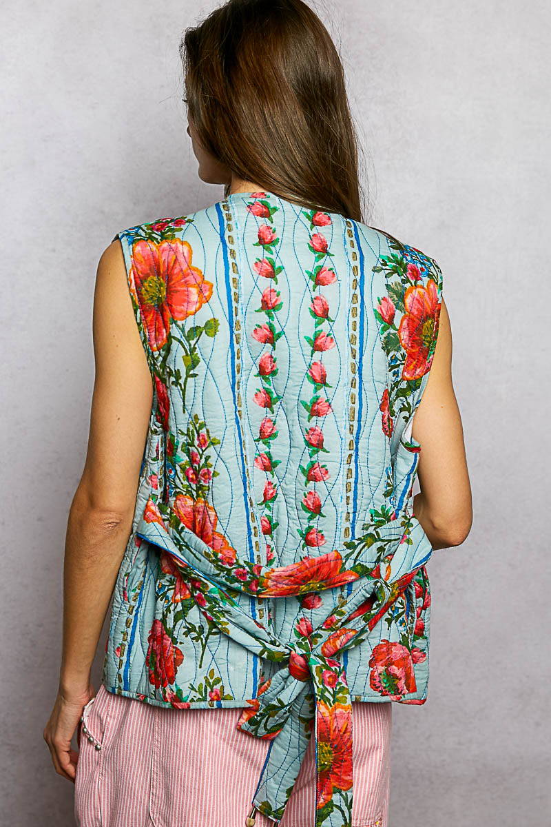 POL Denim Multi-Color Quilted Floral Vest