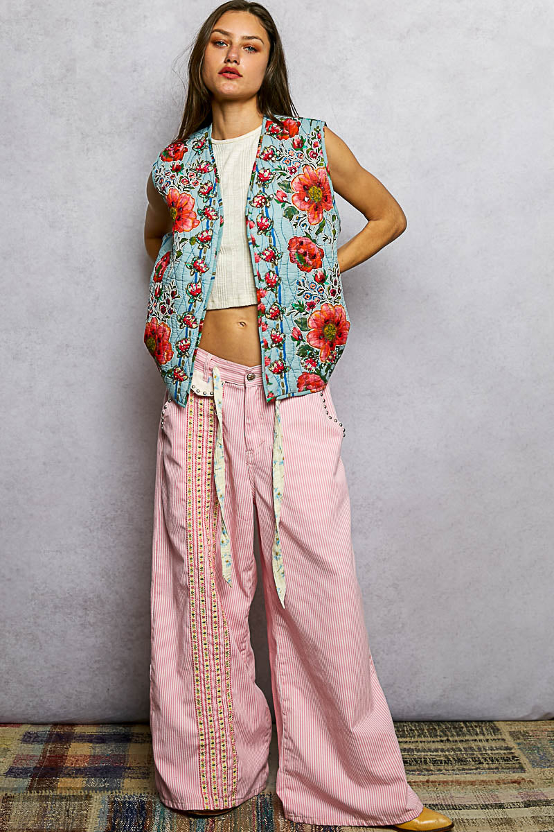 POL Denim Multi-Color Quilted Floral Vest