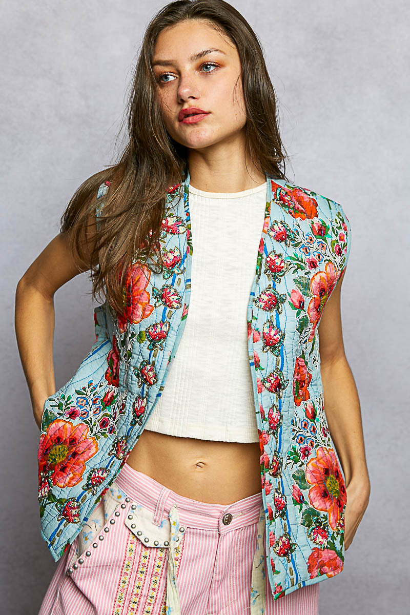 POL Denim Multi-Color Quilted Floral Vest