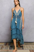 POL V NECK SLEEVELESS RELAXED FIT TIERED DRESS