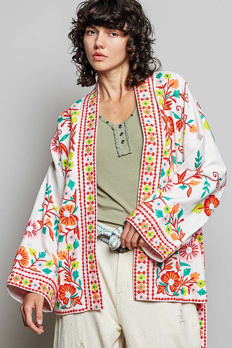 POL Floral Embroidered Tie-Waist Cardigan