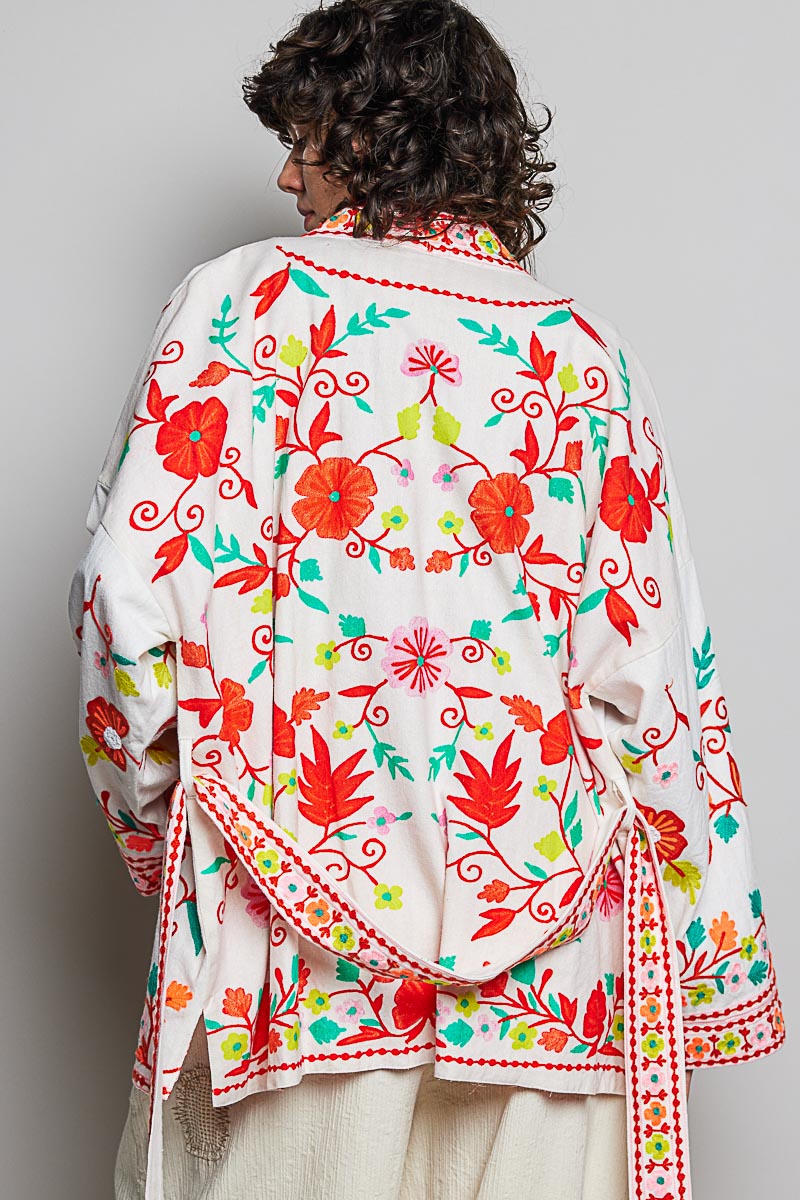 POL Floral Embroidered Tie-Waist Cardigan