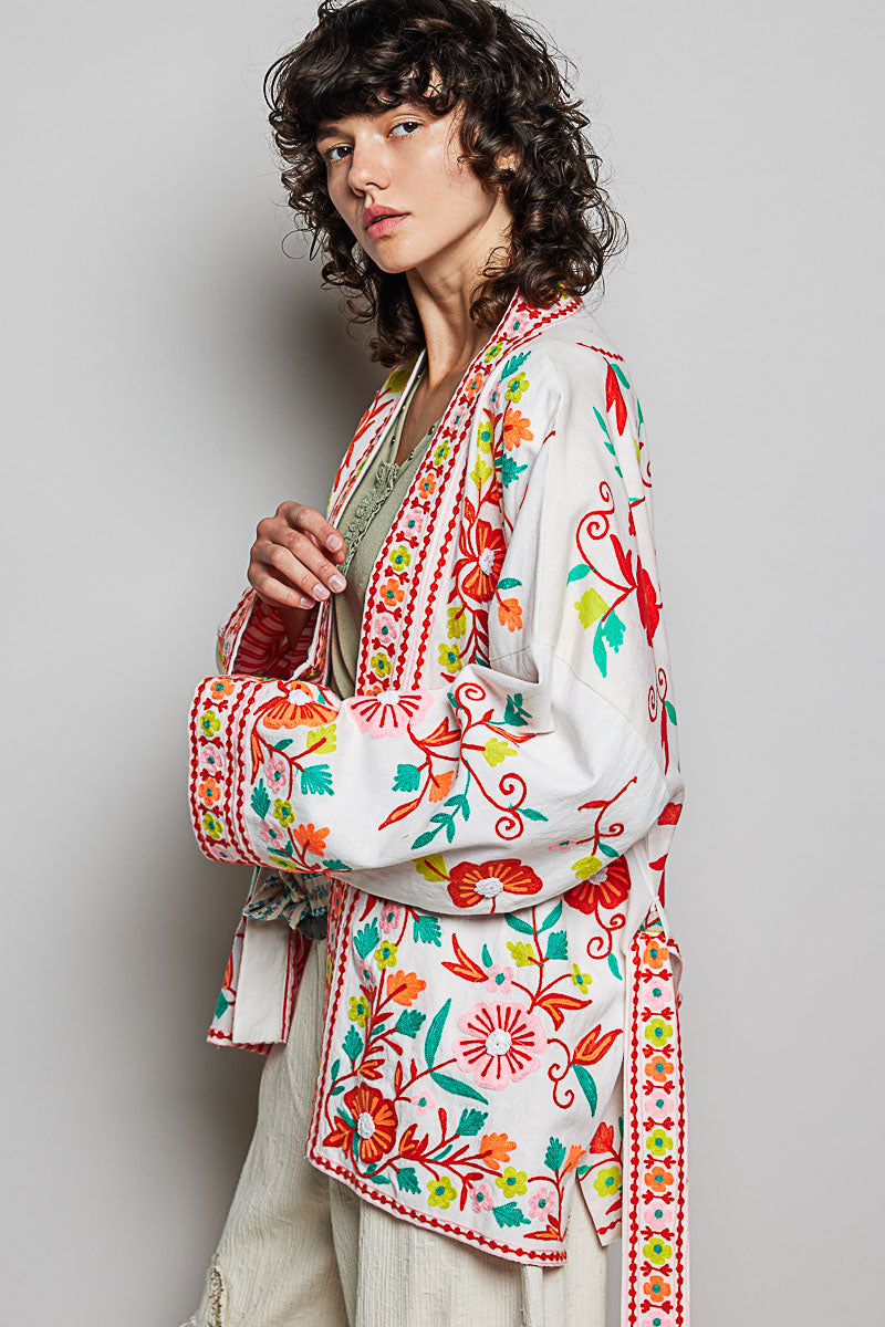 POL Floral Embroidered Tie-Waist Cardigan