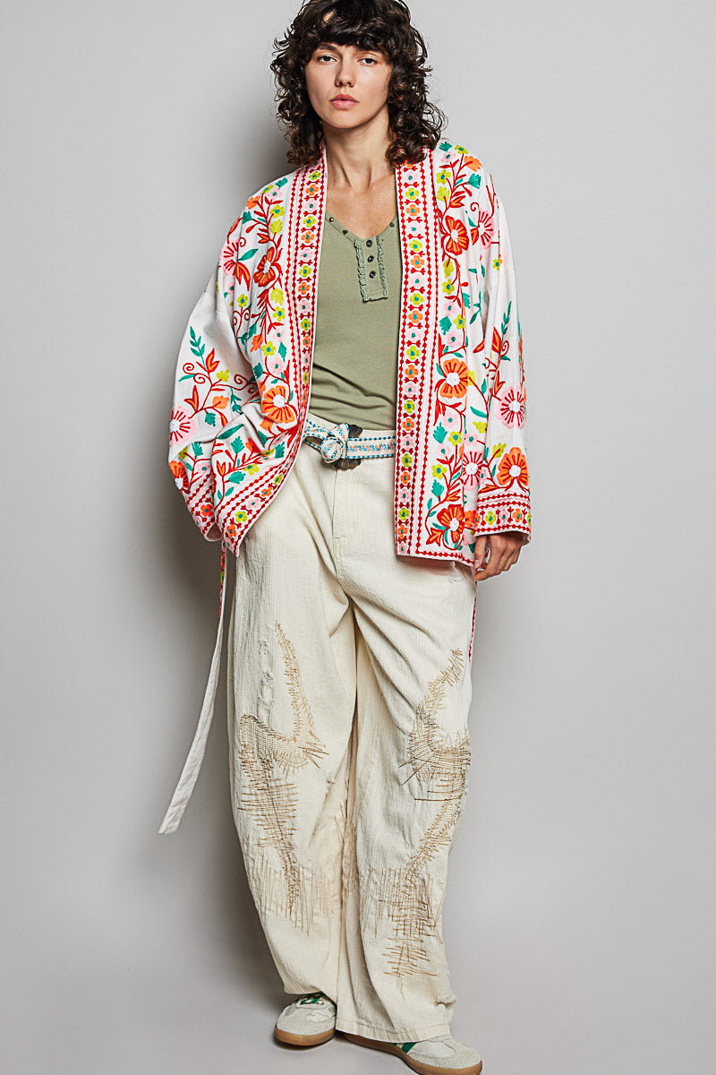 POL Floral Embroidered Tie-Waist Cardigan
