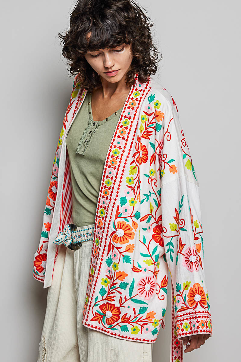 POL Floral Embroidered Tie-Waist Cardigan