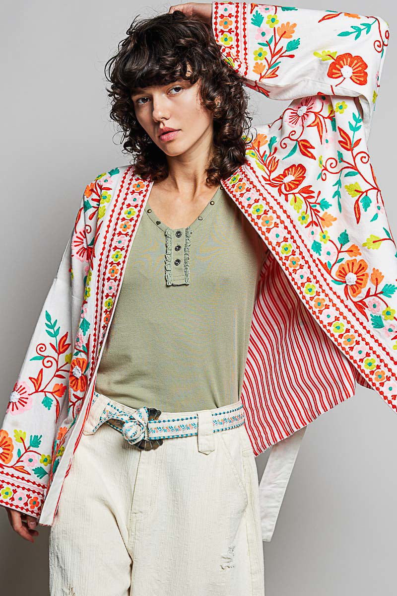 POL Floral Embroidered Tie-Waist Cardigan