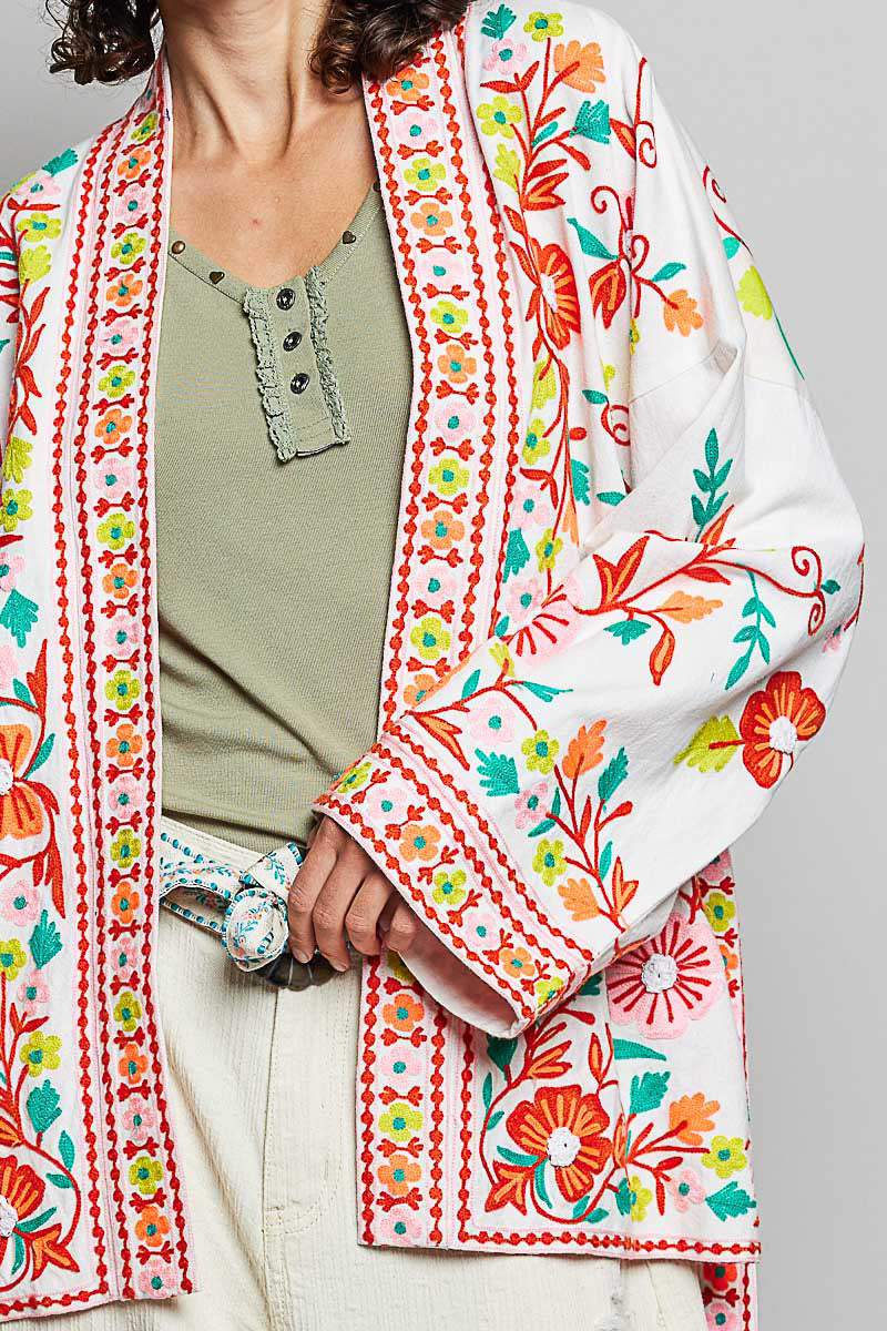 POL Floral Embroidered Tie-Waist Cardigan