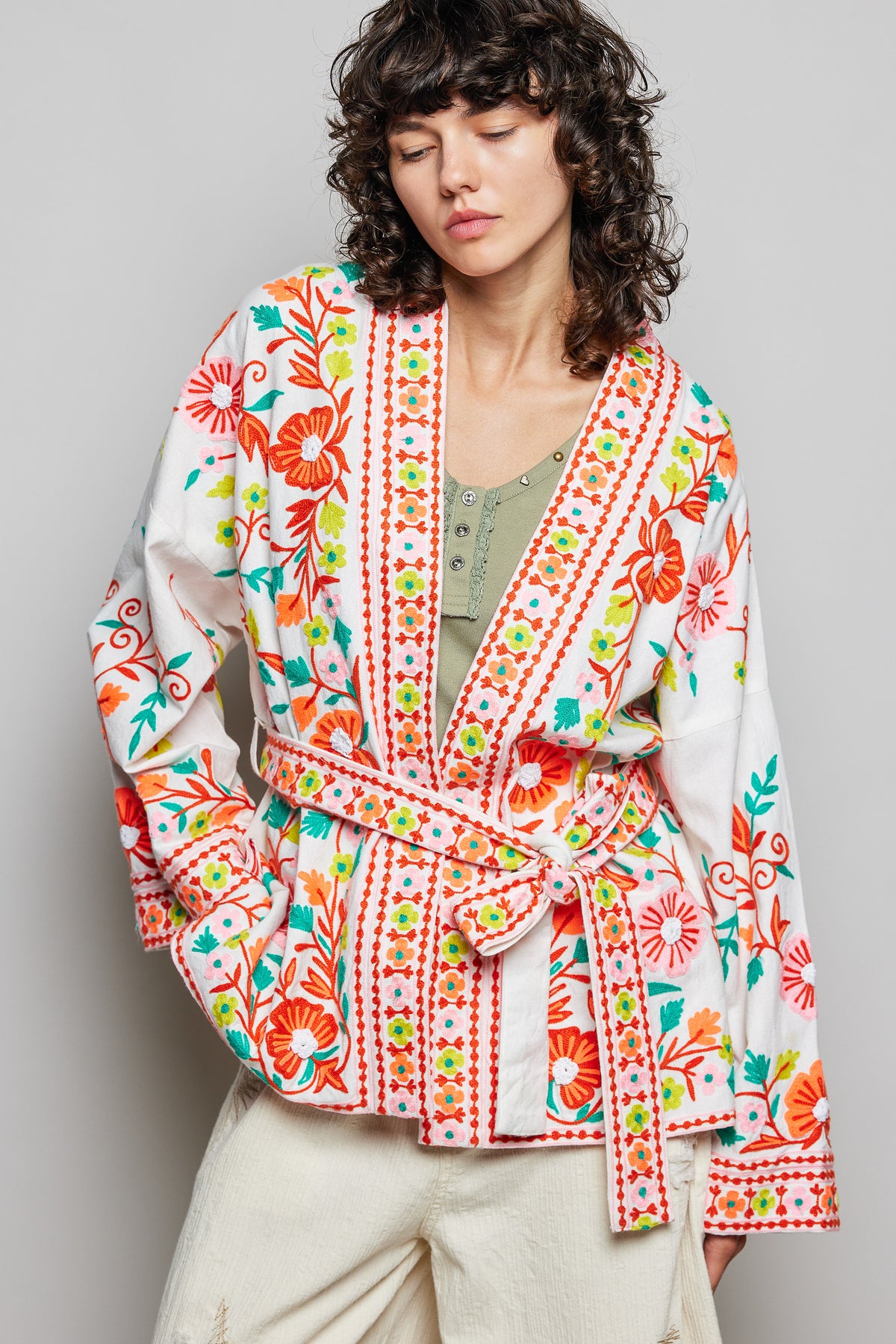 POL Floral Embroidered Tie-Waist Cardigan