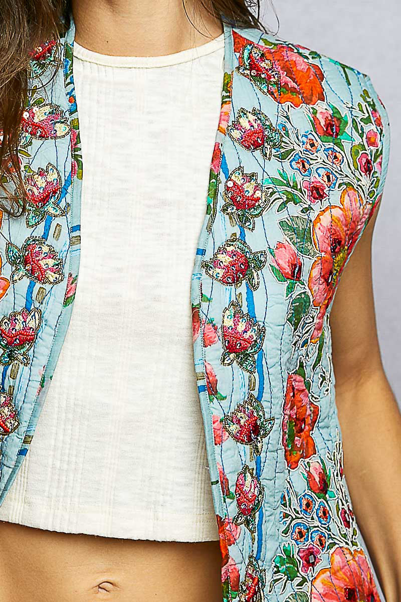 POL Denim Multi-Color Quilted Floral Vest