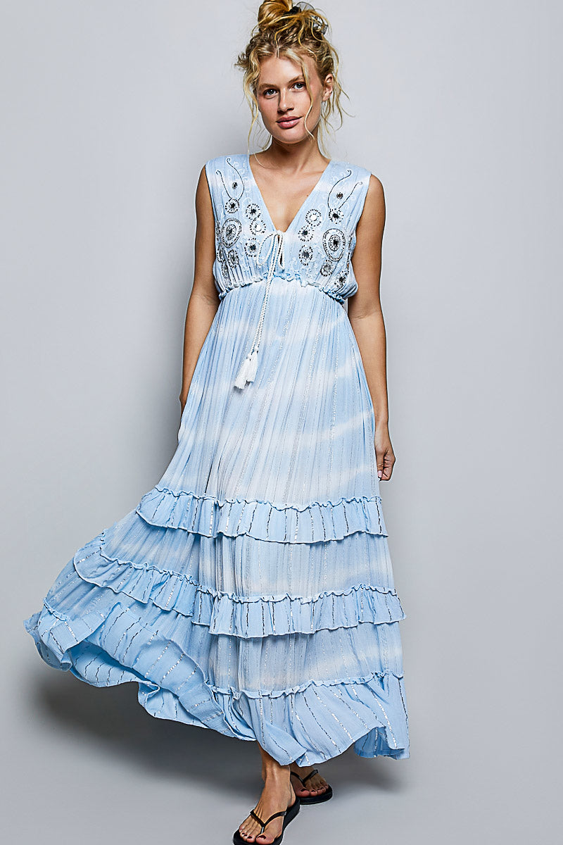 POL SLEEVELESS EMBROIDERYSHIMMERING SEQUIN ACCENTS MAXI DRESS