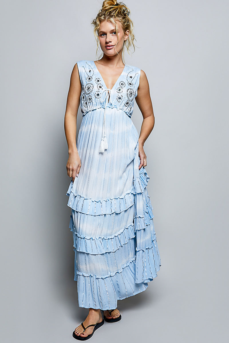 POL SLEEVELESS EMBROIDERYSHIMMERING SEQUIN ACCENTS MAXI DRESS