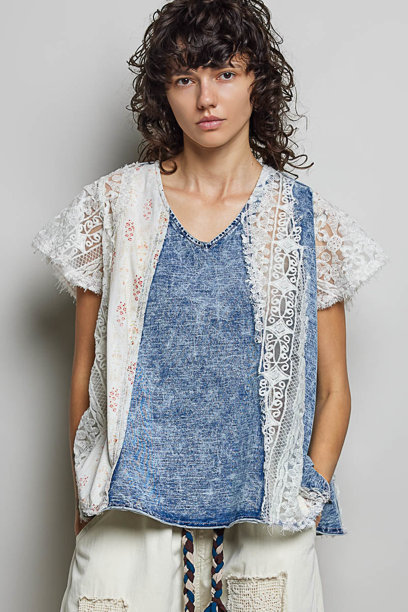 POL V-NECK FRENCH TERRY RUFFLE SLEEVE RELAXED-FIT TOP