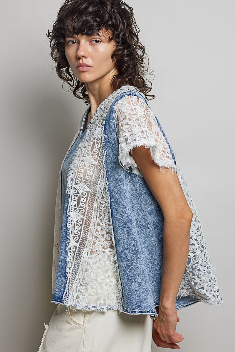 POL V-NECK FRENCH TERRY RUFFLE SLEEVE RELAXED-FIT TOP