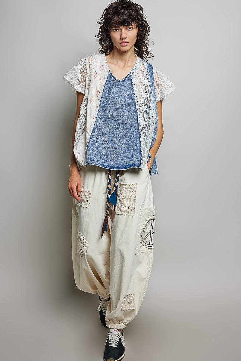 POL V-NECK FRENCH TERRY RUFFLE SLEEVE RELAXED-FIT TOP