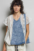 POL V-NECK FRENCH TERRY RUFFLE SLEEVE RELAXED-FIT TOP