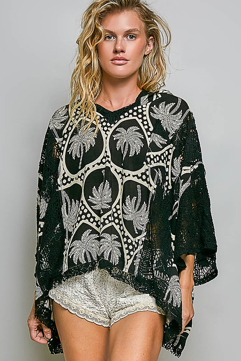 POL  V-NECK HALF SLEEVE RELAXED FIT HOODIE TOP