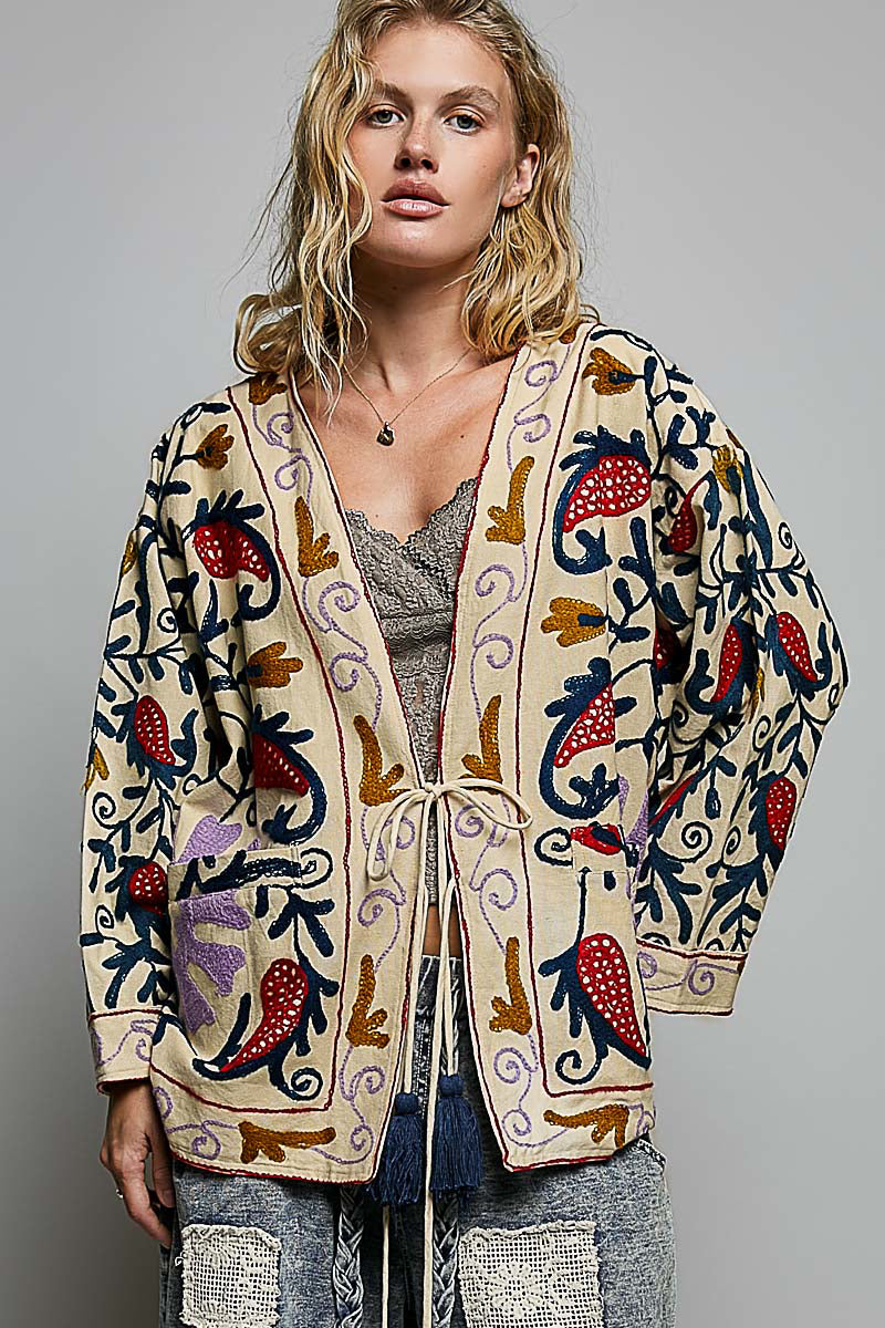 POL Embroidered Boho Kimono Cardigan