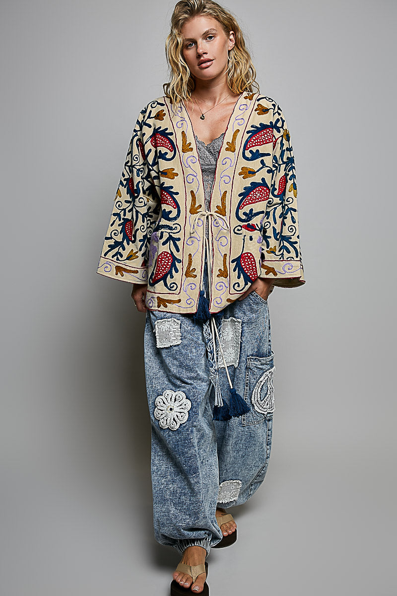 POL Embroidered Boho Kimono Cardigan