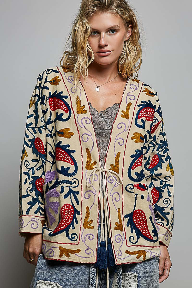 POL Embroidered Boho Kimono Cardigan