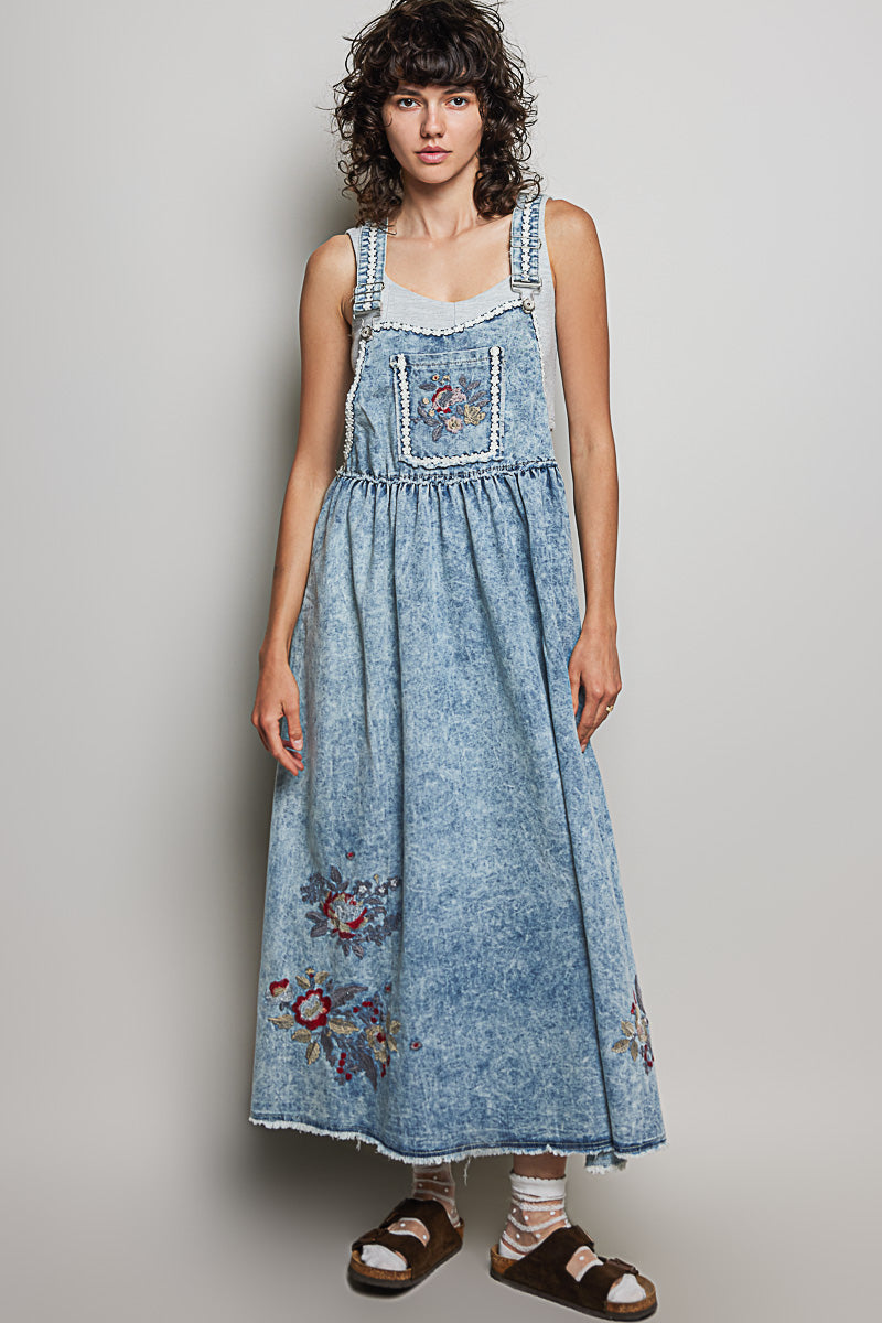 POL LONG OVERALL DRESS IN DENIM WITH EMBROIDERY