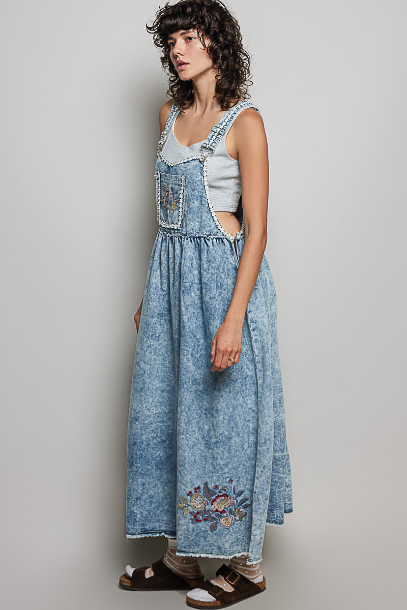 POL LONG OVERALL DRESS IN DENIM WITH EMBROIDERY