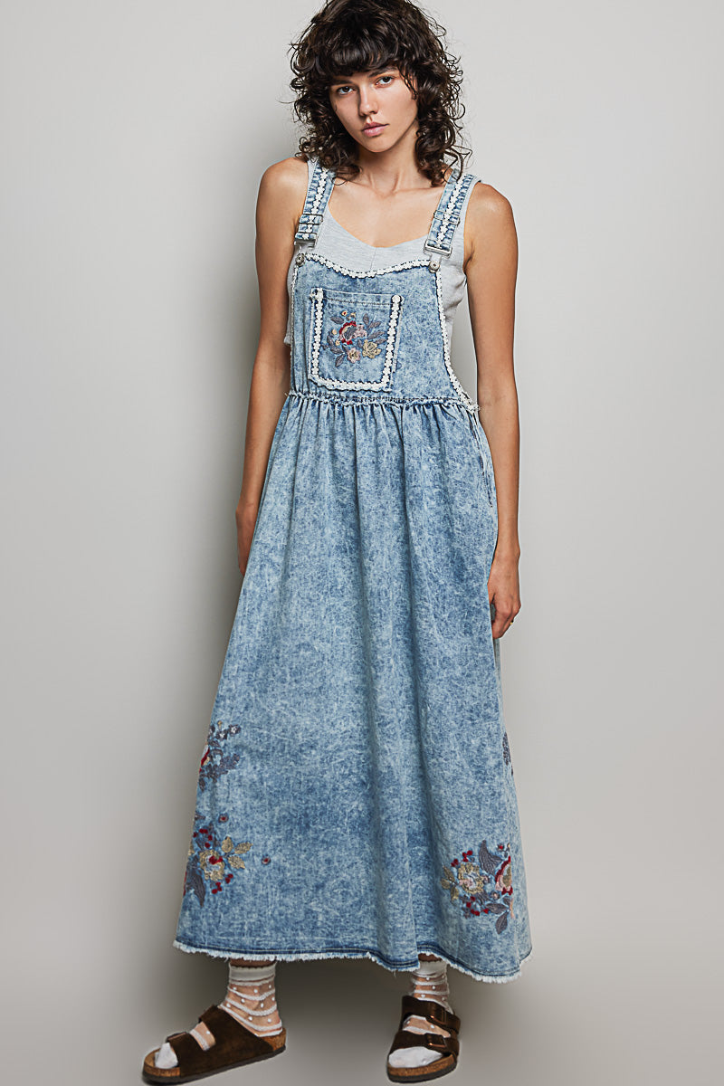 POL LONG OVERALL DRESS IN DENIM WITH EMBROIDERY