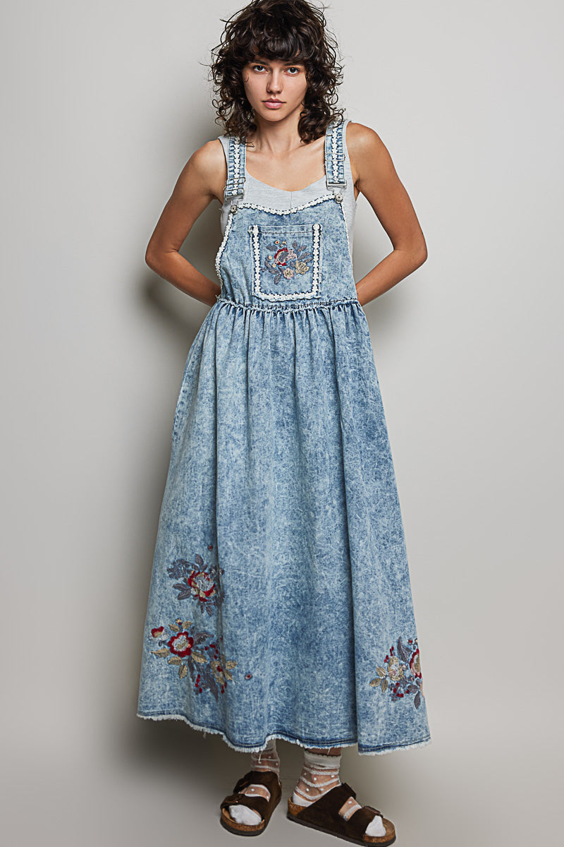 POL LONG OVERALL DRESS IN DENIM WITH EMBROIDERY