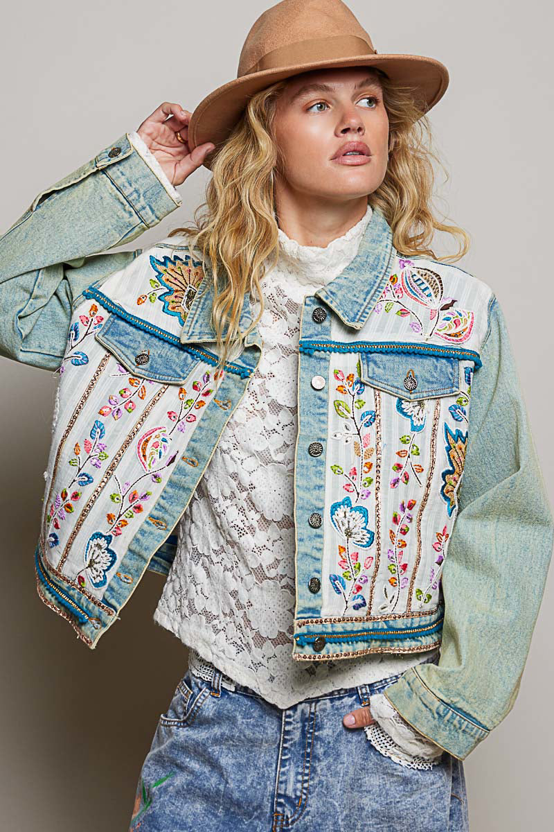 POL Vintage Wash Embroidered Denim Jacket