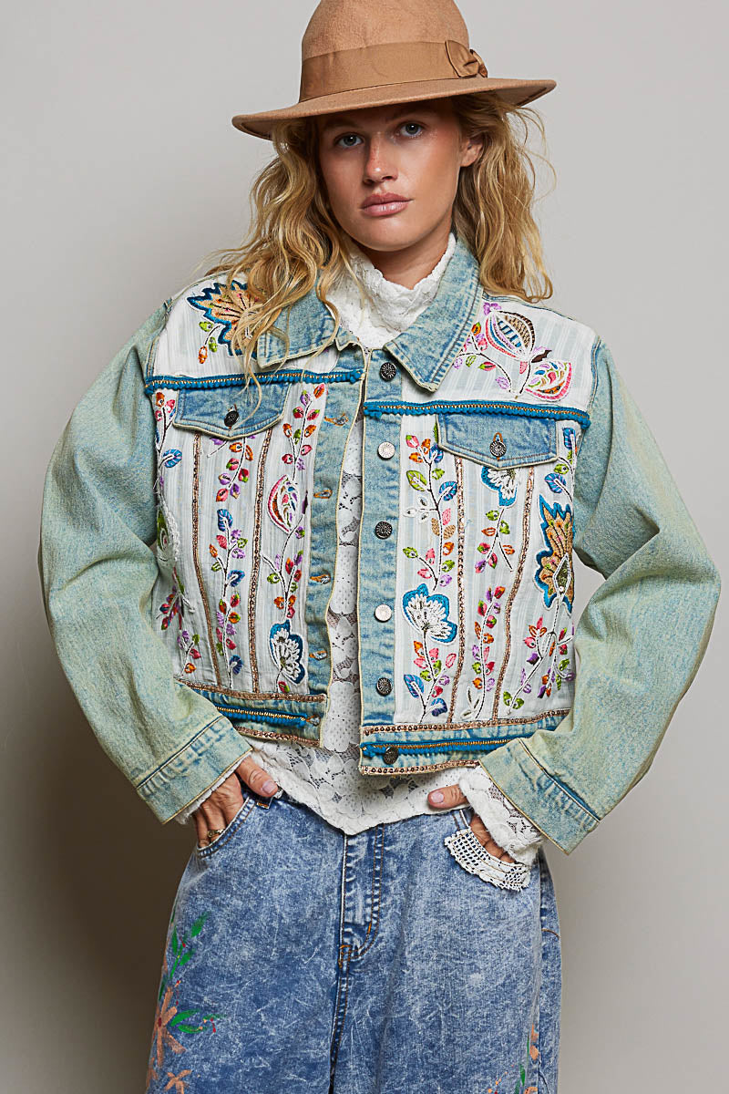 POL Vintage Wash Embroidered Denim Jacket