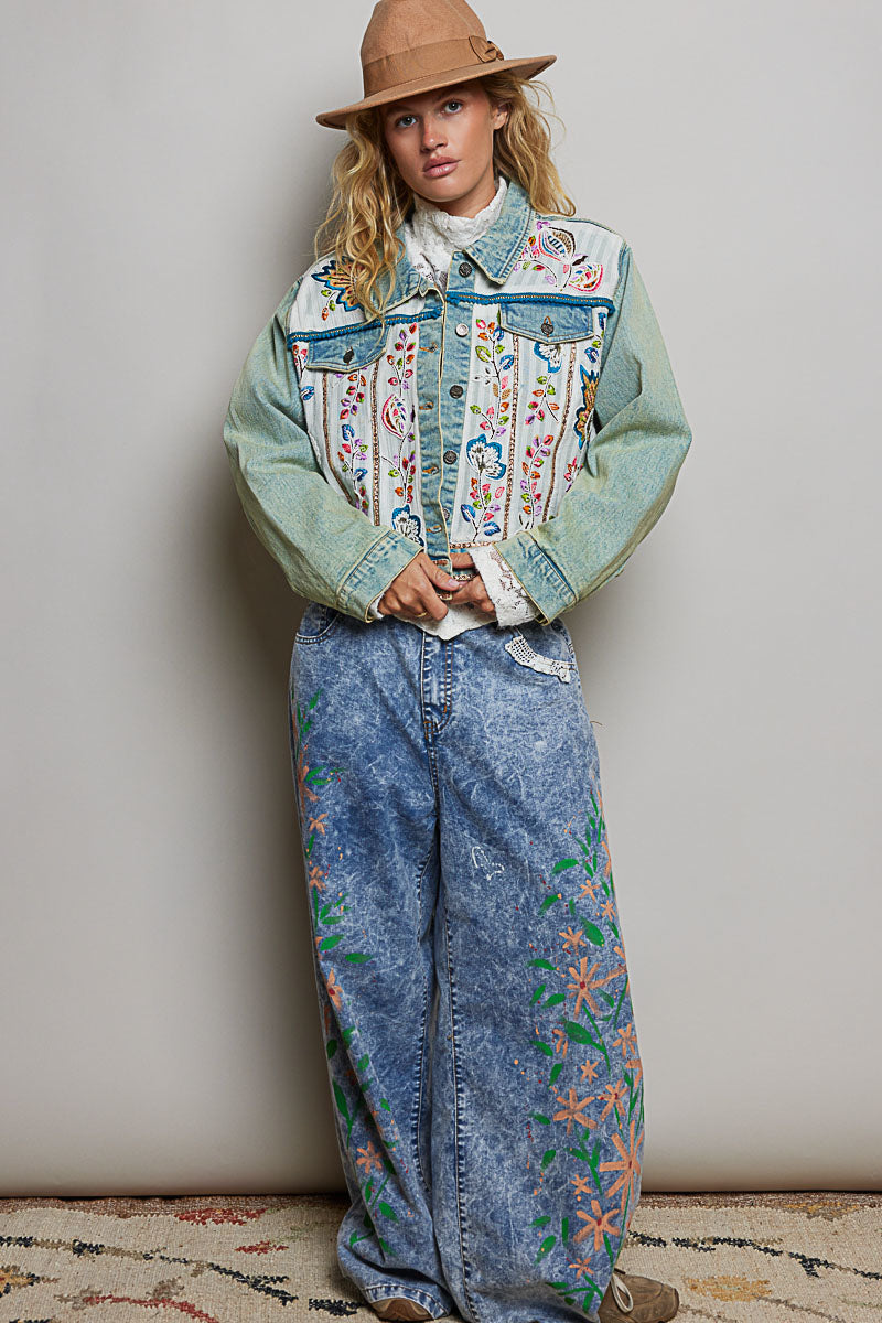 POL Vintage Wash Embroidered Denim Jacket