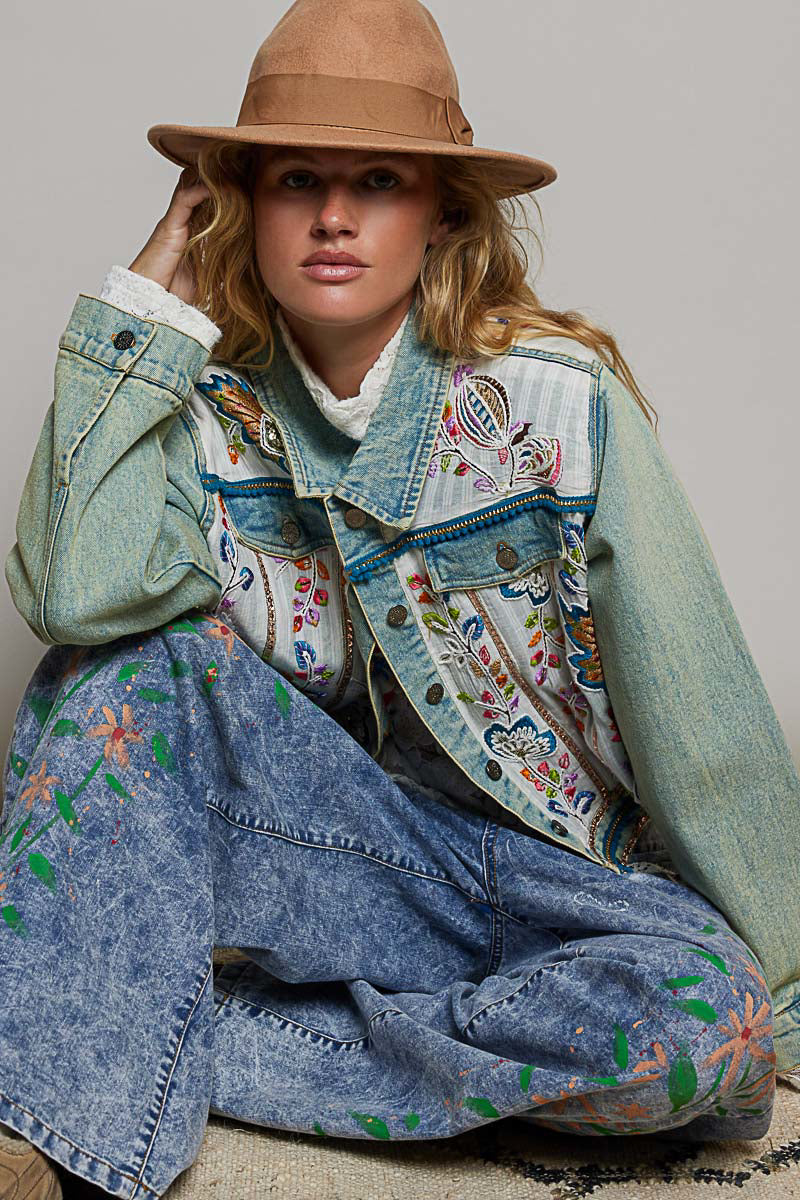 POL Vintage Wash Embroidered Denim Jacket