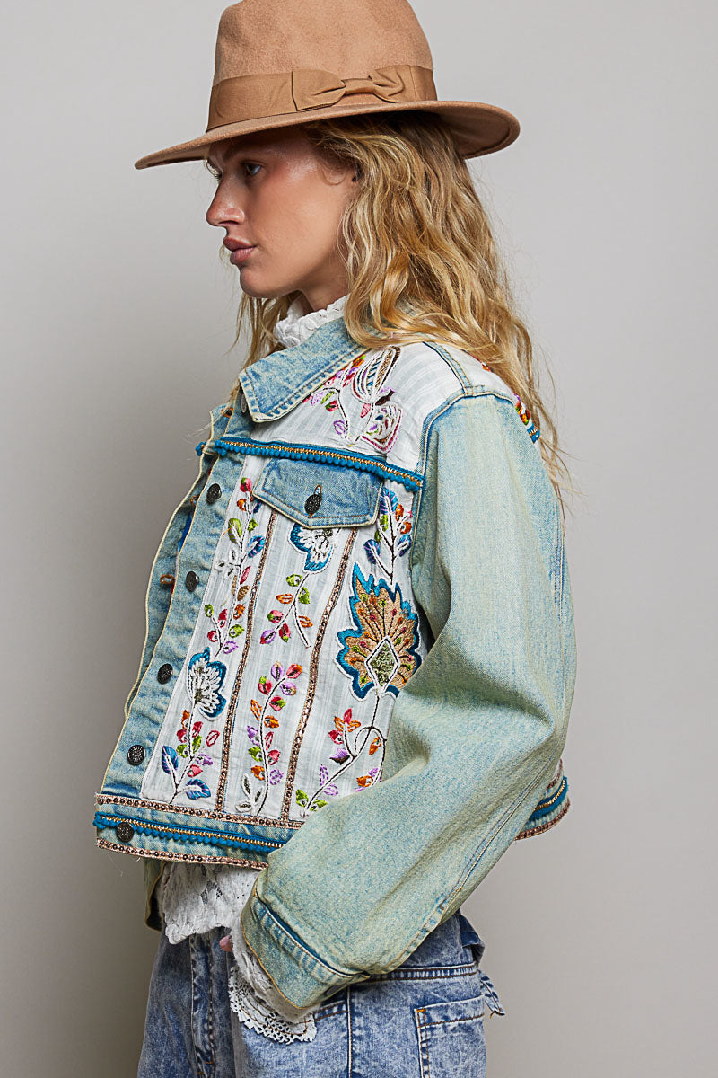 POL Vintage Wash Embroidered Denim Jacket