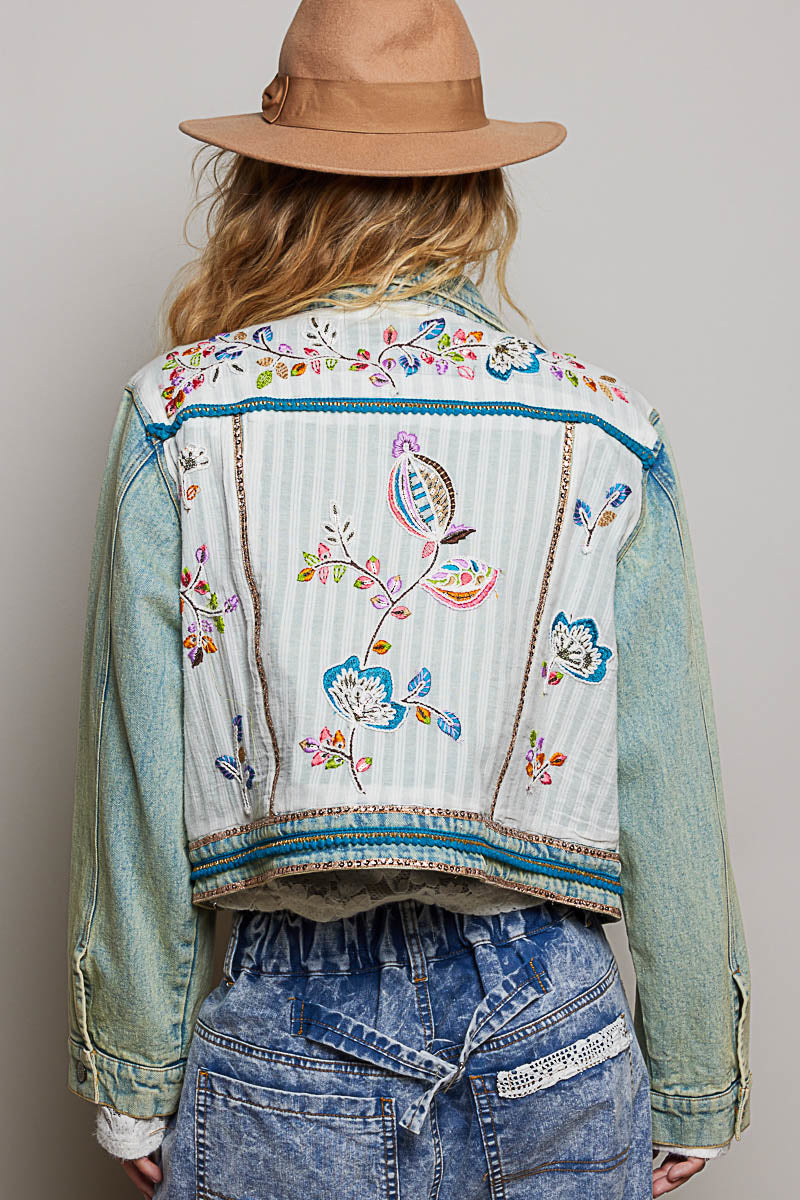 POL Vintage Wash Embroidered Denim Jacket