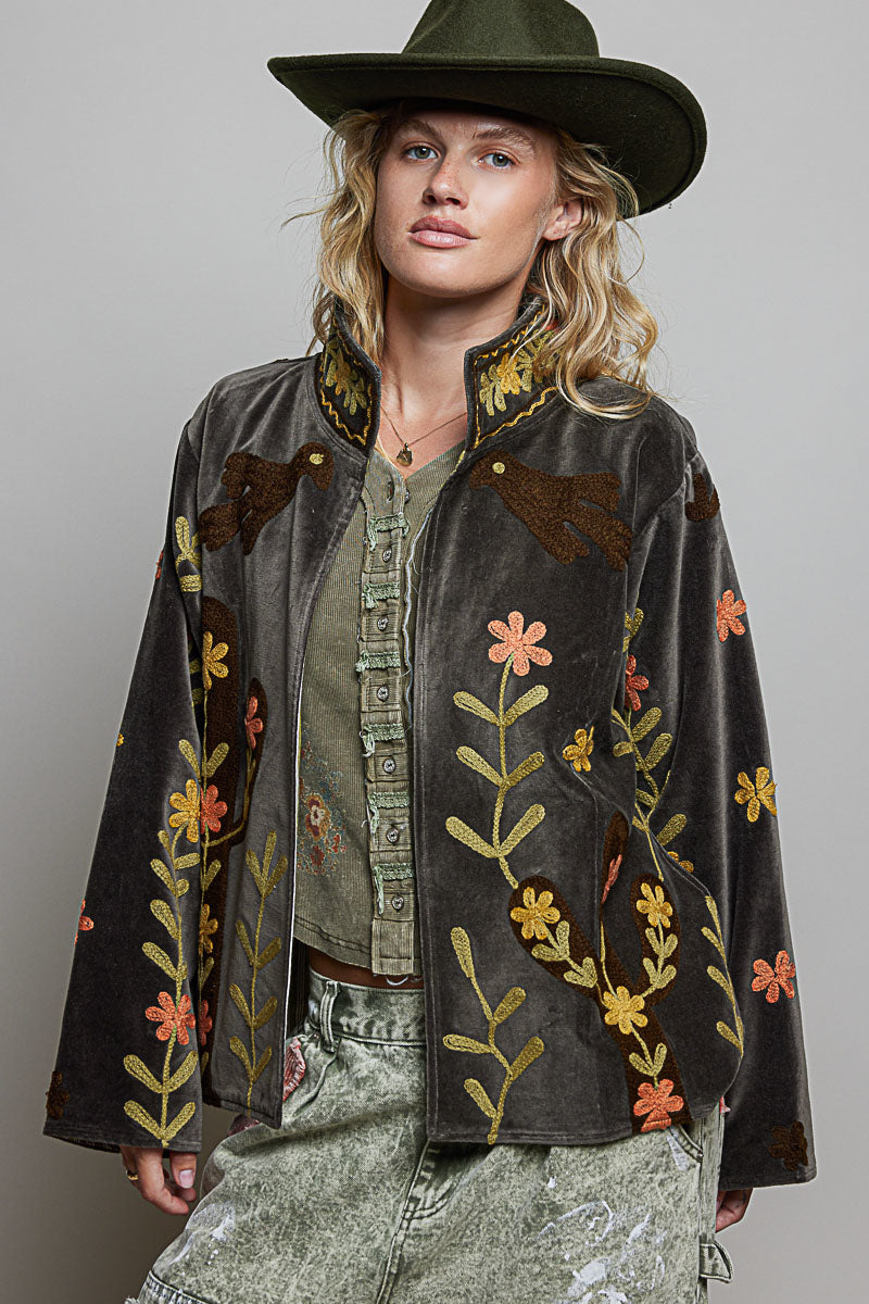 POL Charcoal Embroidered Velvet Jacket