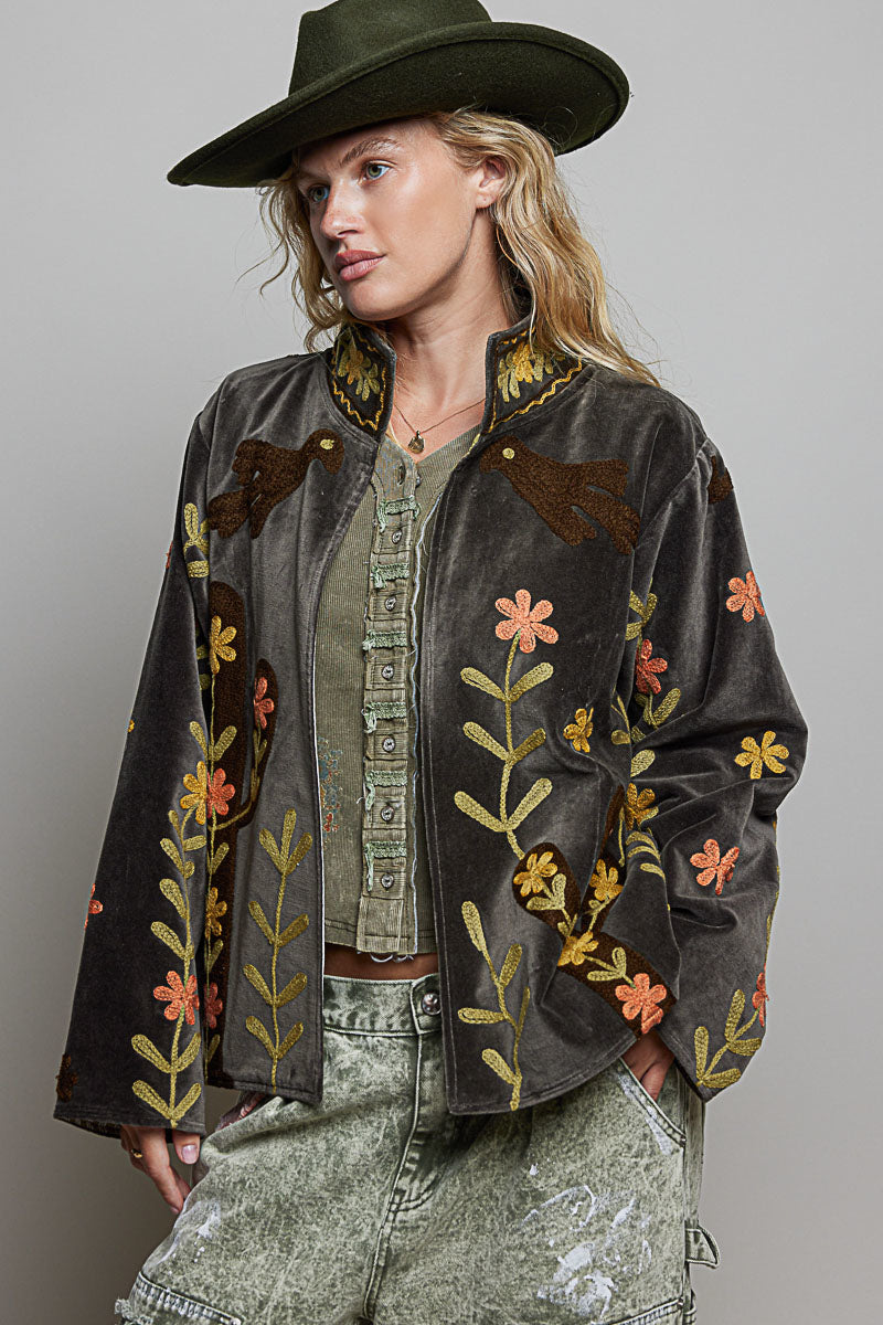 POL Charcoal Embroidered Velvet Jacket