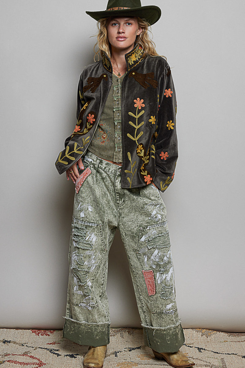 POL Charcoal Embroidered Velvet Jacket