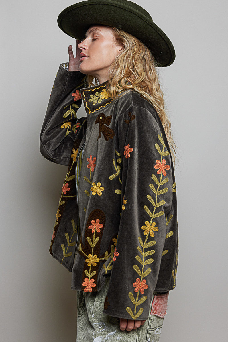 POL Charcoal Embroidered Velvet Jacket