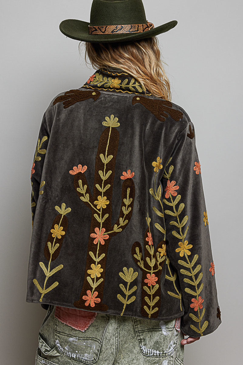 POL Charcoal Embroidered Velvet Jacket