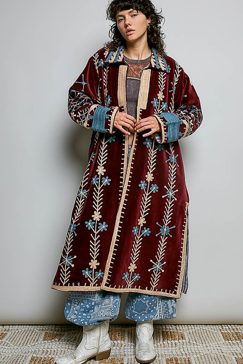 POL Embroidered Velvet Duster Coat