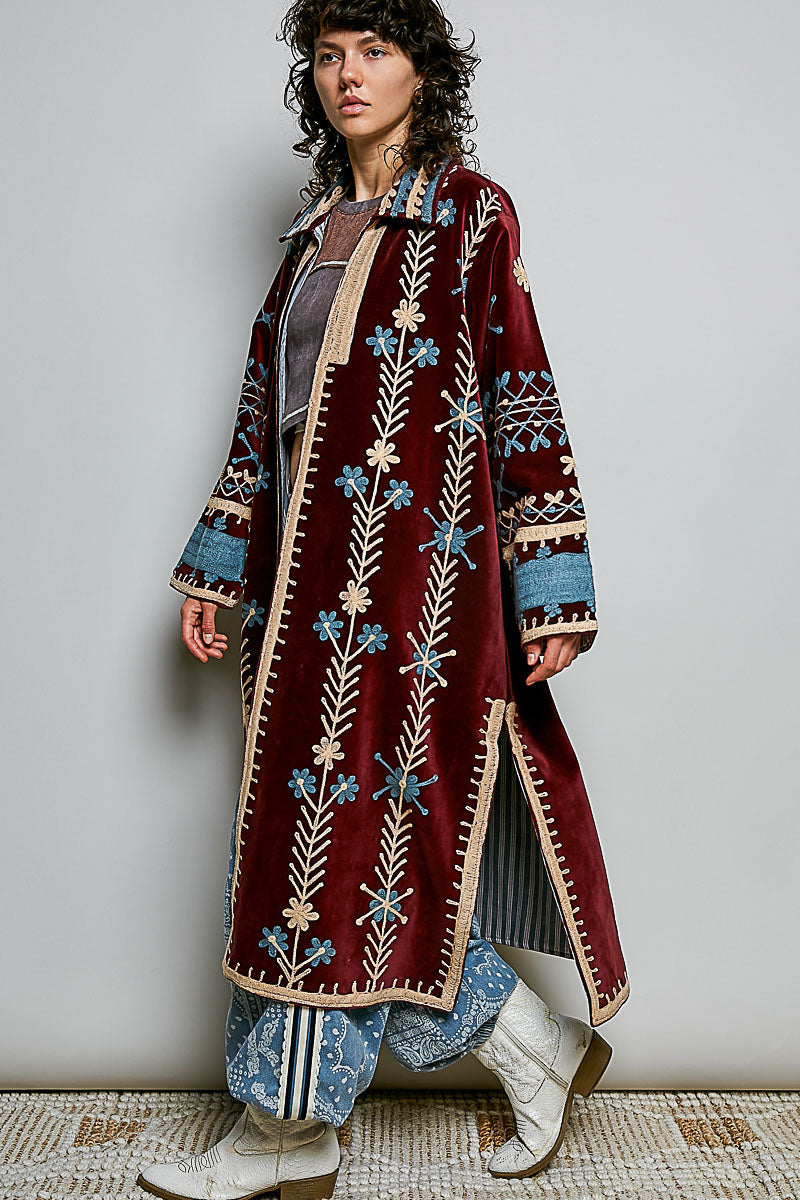 POL Embroidered Velvet Duster Coat