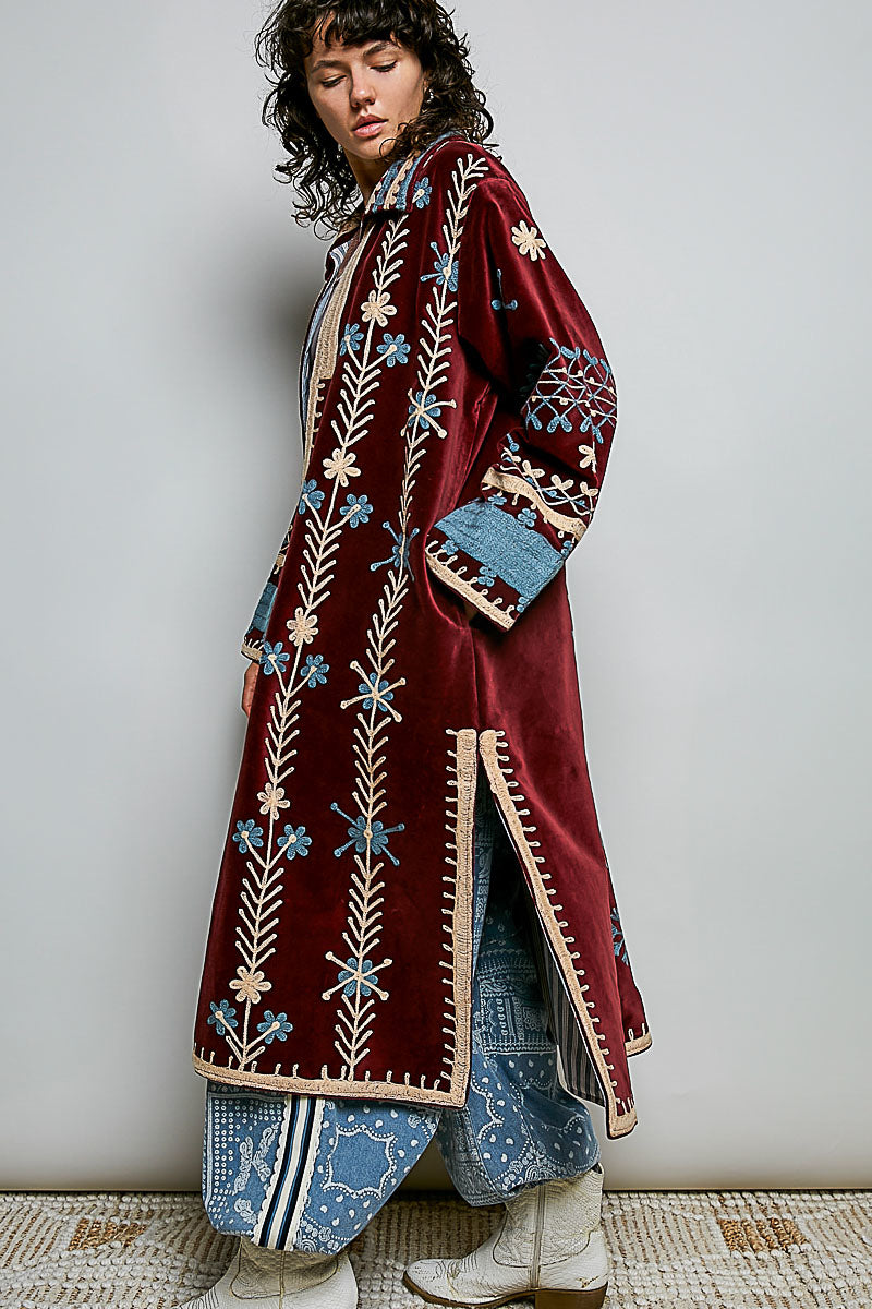 POL Embroidered Velvet Duster Coat